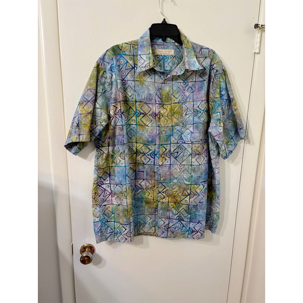 Island Republic 100% Cotton Mens XL Muted Blue/Mustard Tribal Short Sleeve Shirt